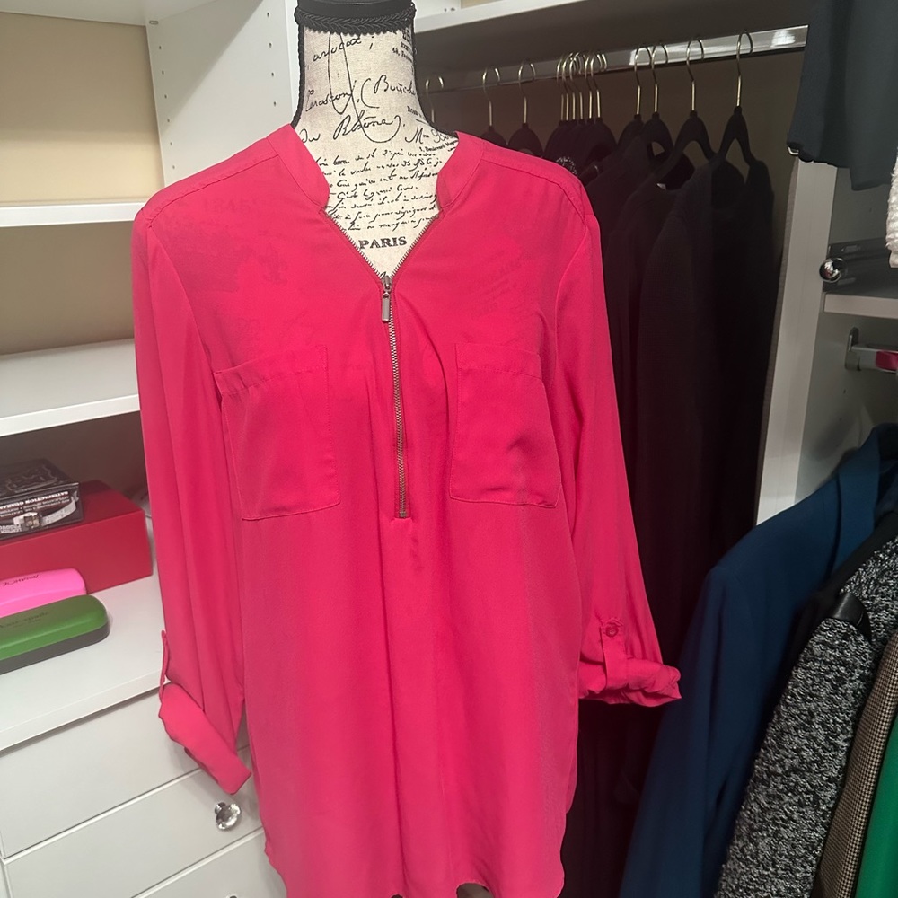 Barbie pink Chiffon zipper blouse with roll up sleeve